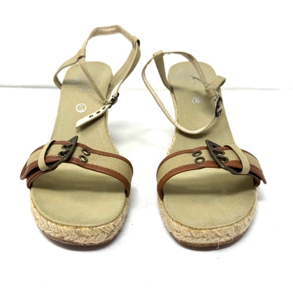 Tan fabric espadrilles wedge sandals, made in Spain, size 8 - Picture 2 of 12